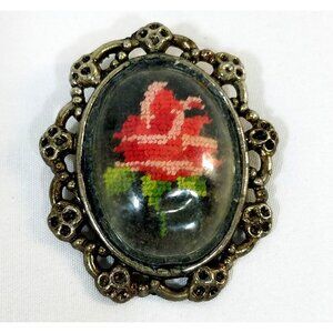 Needlepoint Pink Rose Brooch Cross-Stitch Oval Vintage Gold-Tone